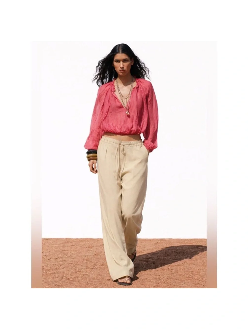 ZARA Women’s Linen Wide-Leg Drawstring Pants - Sand color